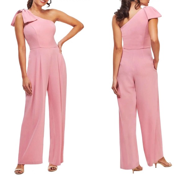 NWT Gal Meets Glam Pink One Shoulder Sylvia Bow Jumpsuit 00 - Picture 4 of 7